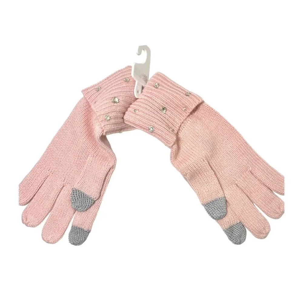 Michael Kors Womens Pink Embellished Ribbed Cuff Tech Touch Knit Gloves New